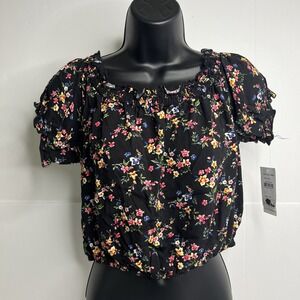 Ten Sixty Sherman Black Floral Short Sleeve Top, Elastic, Women Size L, NWT  NEW